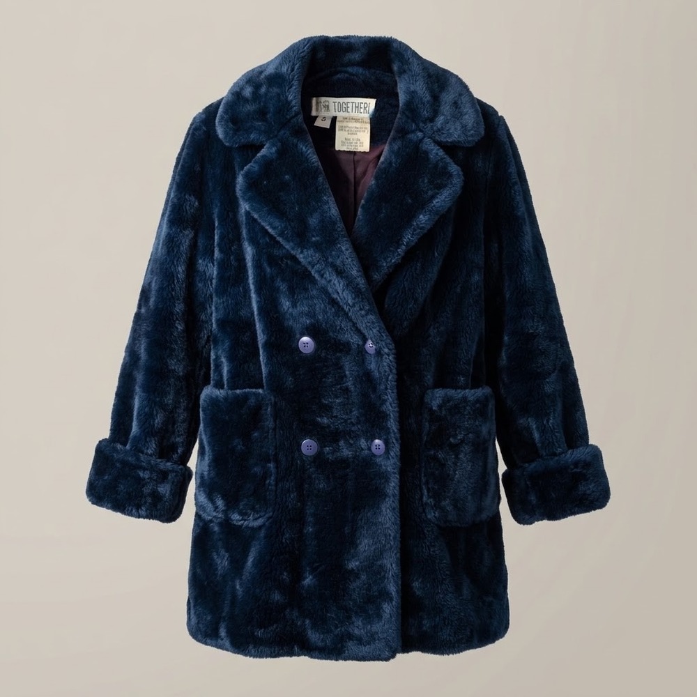 Vintage 80's Together! Womens Blue Faux Fur Double Breasted Coat Small USA Made